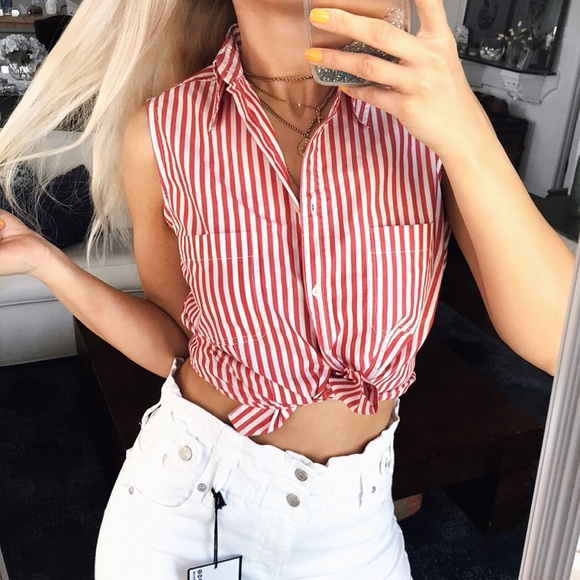 ♦️L.O.G.G RED WHITE STRIPE OPEN SHOULDER TOP! - Picture 6 of 12